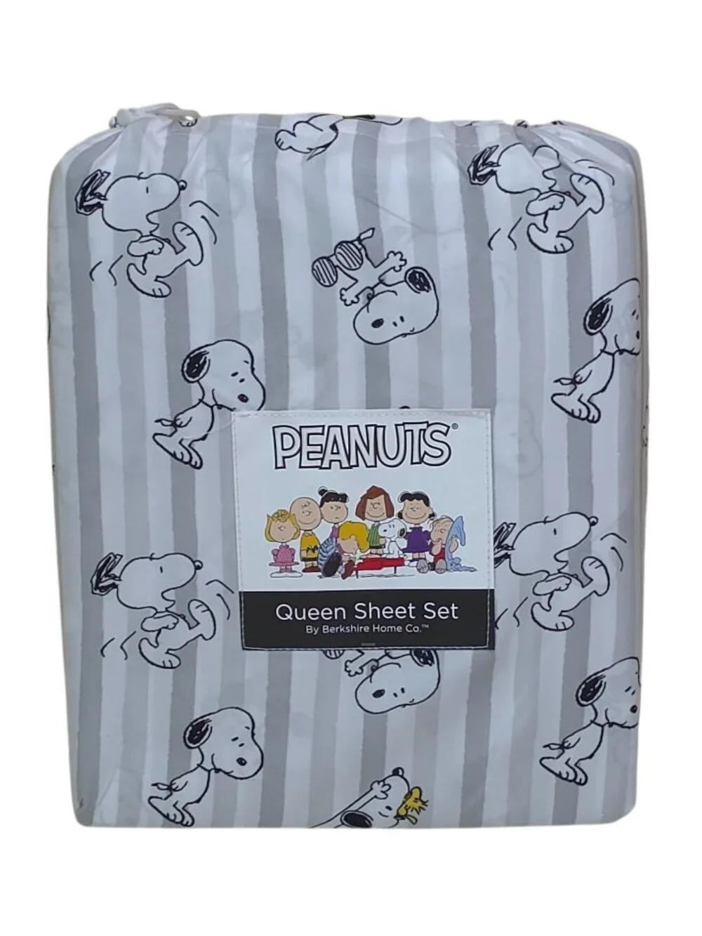 Peanuts Queen Sheet Set By Berkshire Snoopy & Woodstock Gray & White Stripes